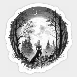 Moon Goddess Forest Walk Woman in Forest Crescent Moon Art Sticker